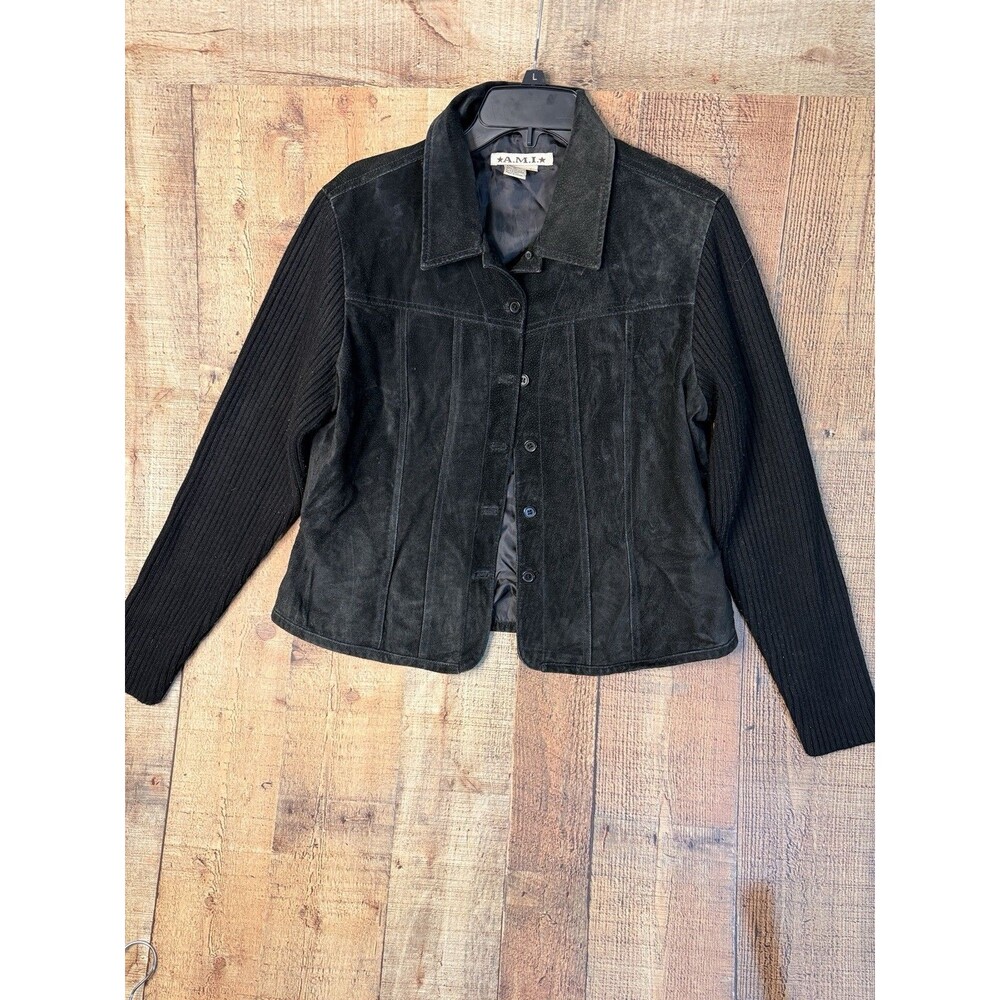 Vintage A.M.I. Black Leather Jacket L Knit Sleeve Y2K Moto Grunge 90s Goth